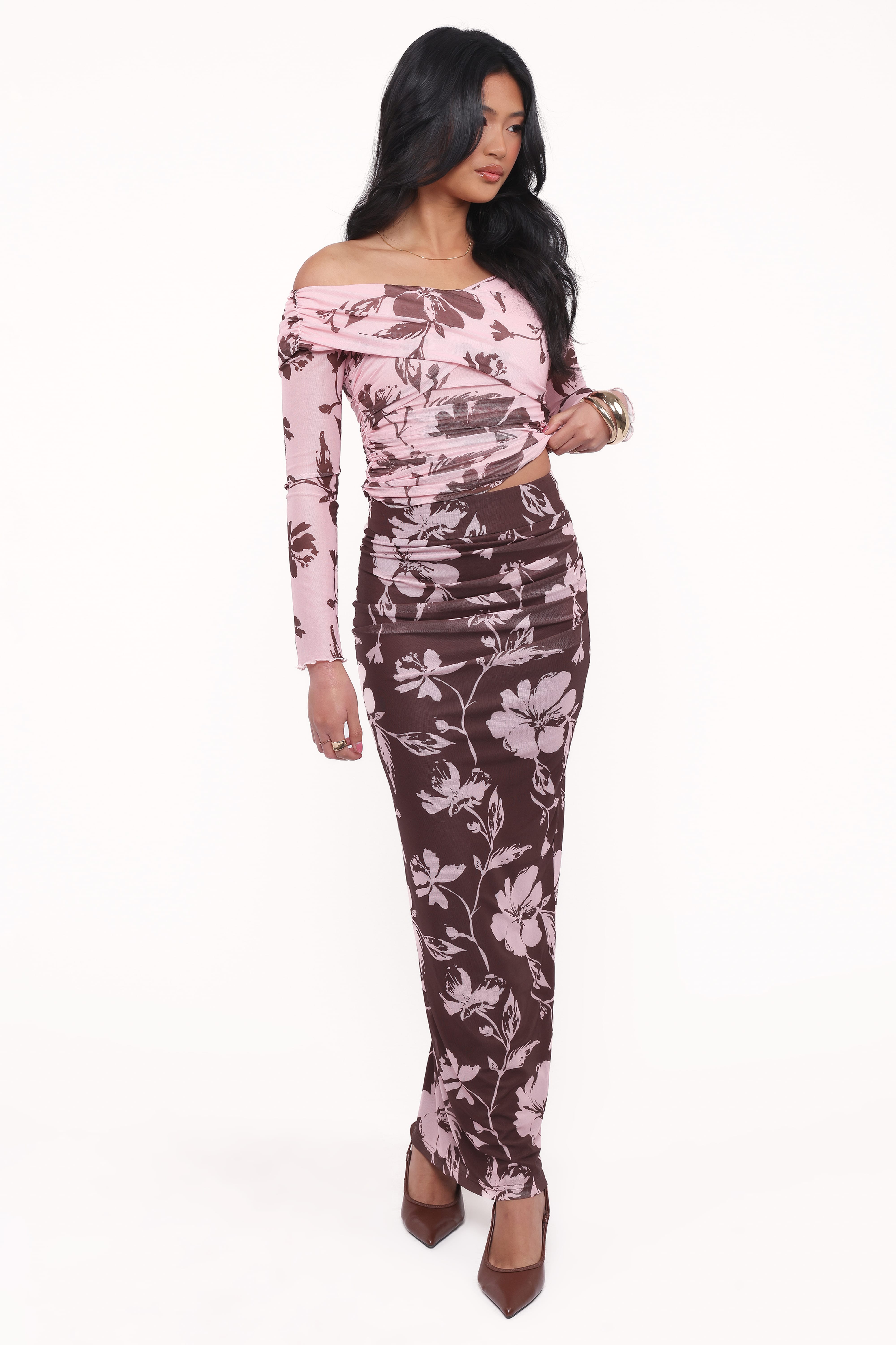 Navida Mesh Midi Skirt - Pink Brown Floral